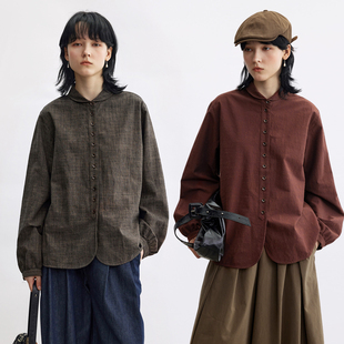 Dotdrobe多着 日系小青果领 纯棉长袖衬衫女秋季外套宽松-两色入