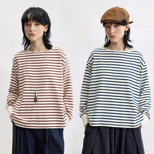 Dotdrobe多着 长袖 T恤女早秋宽松 两色入 船型一字领条纹卡夫袖