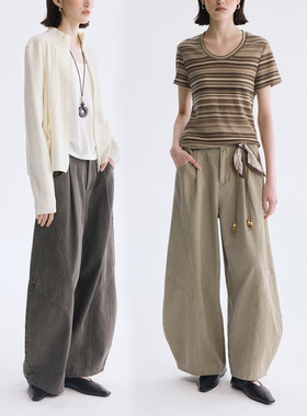 Dotdrobe多着  洗水弯刀型 纯棉立裁褶裥阔腿休闲裤女春夏新款