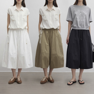 女夏 砂洗抗皱松紧腰7分阔腿裤 两色入 山系花苞裙裤 Dotdrobe多着