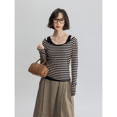 Dotdrobe多着 咖黑条 T女蓝黑条 天丝羊毛 假两件背心撞色条纹长袖