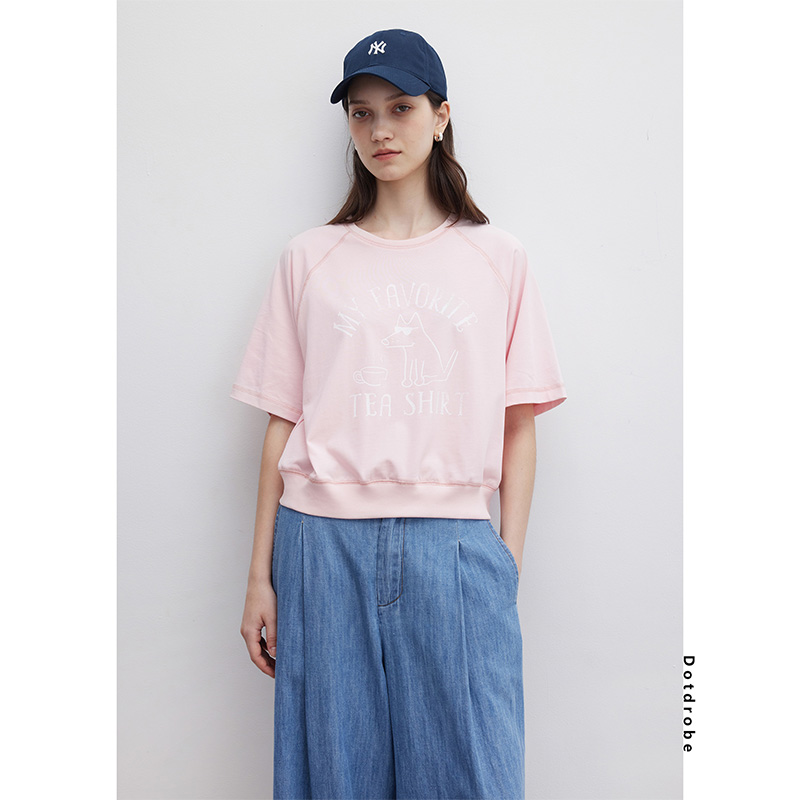 萌宠手绘纯棉卫衣插肩袖中袖T恤