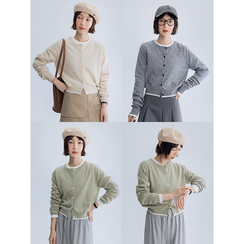 多着羊毛混纺圆领印章针织开衫