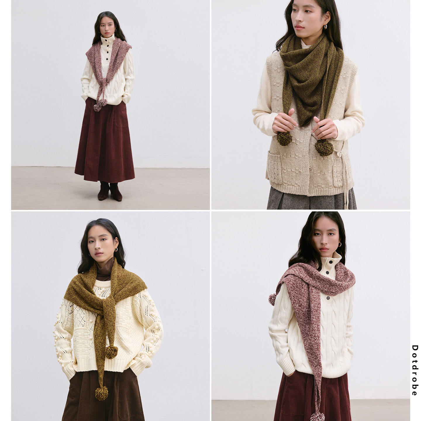 Dotdrobe多着  毛球球装饰 羊毛三角披肩大围巾女秋冬设计感