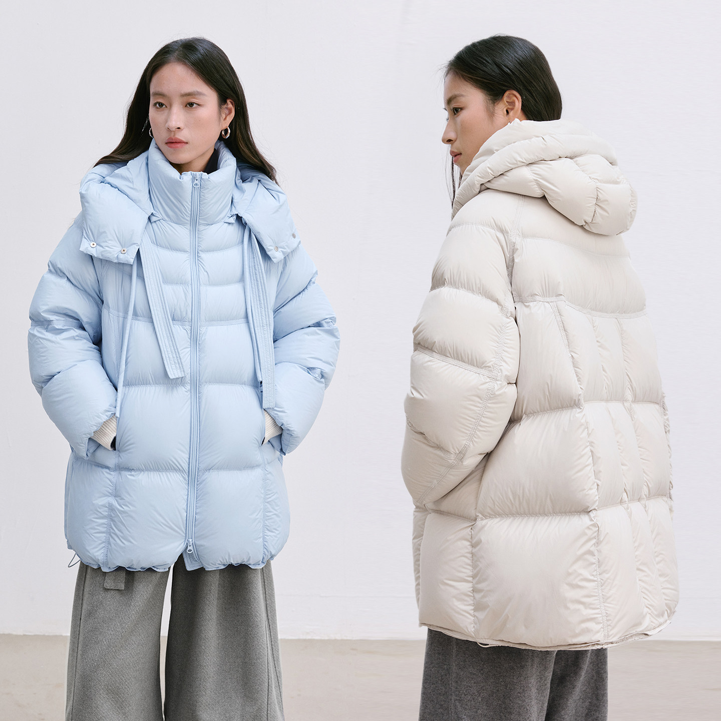 Dotdrobe多着 95白鸭绒 超轻泡芙方格绗缝中长款羽绒服女可拆帽子