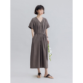 Dotdrobe多着 咖色 黄色 V领褶裥插肩袖 连衣裙束腰长裙抗皱宽松
