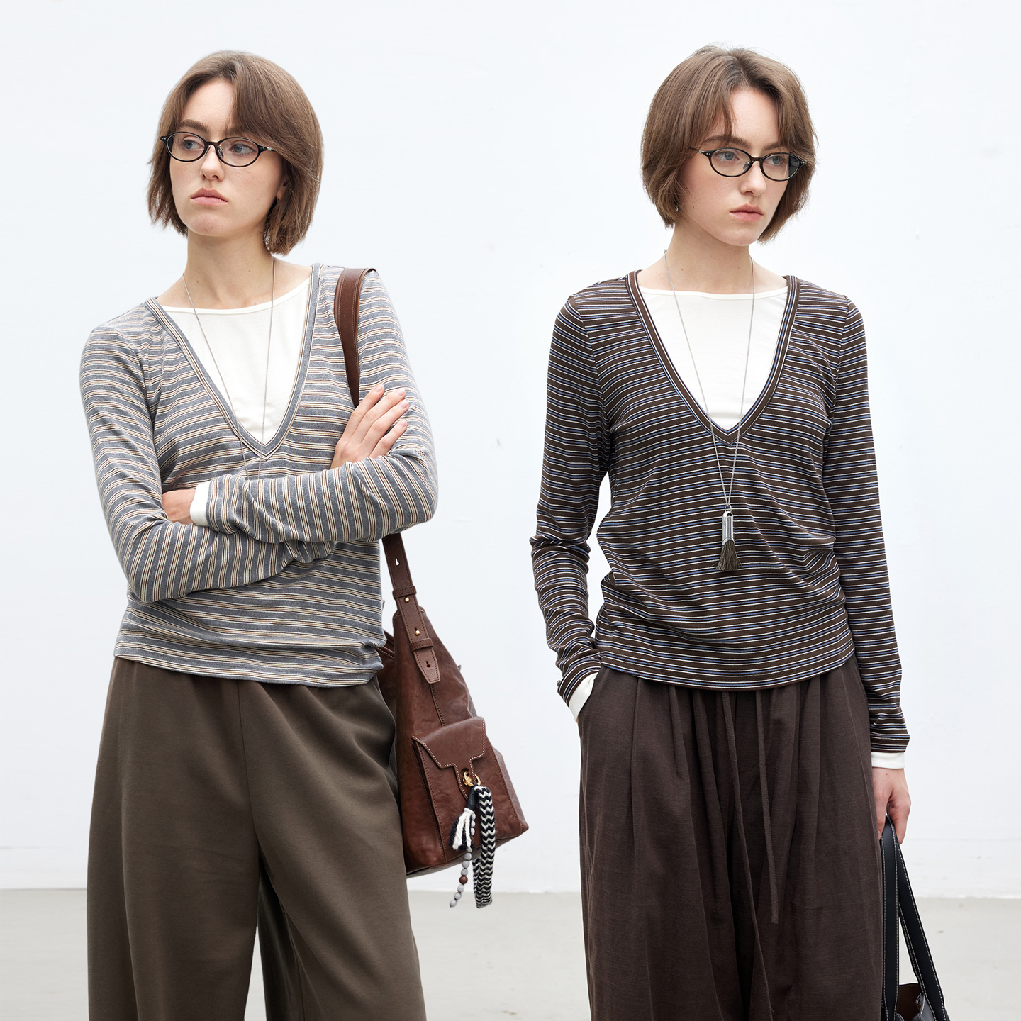 假两件V领磨毛弹力面料条纹T恤