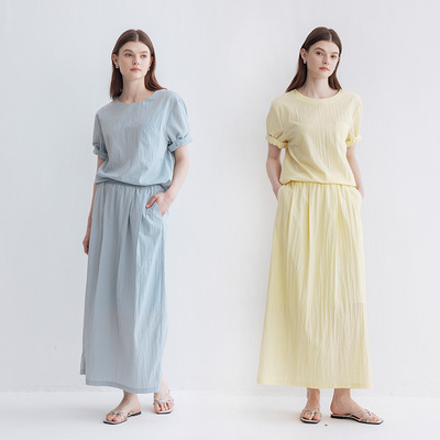 多着浅春花苞袖圆领衬衫半裙套装