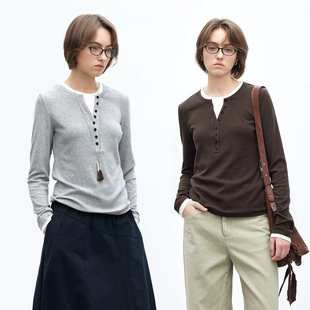 Dotdrobe多着 假两件亨利领 磨毛弹力长袖T恤女秋冬叠穿-两色入