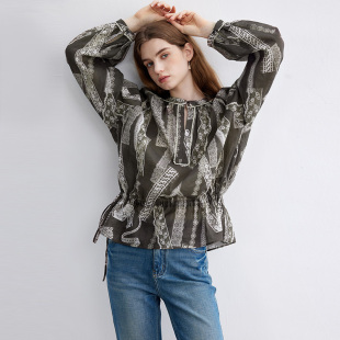 Dotdrobe多着 苎麻棉 波西风腰部可调节抽绳宽松长袖衬衣女-咖色