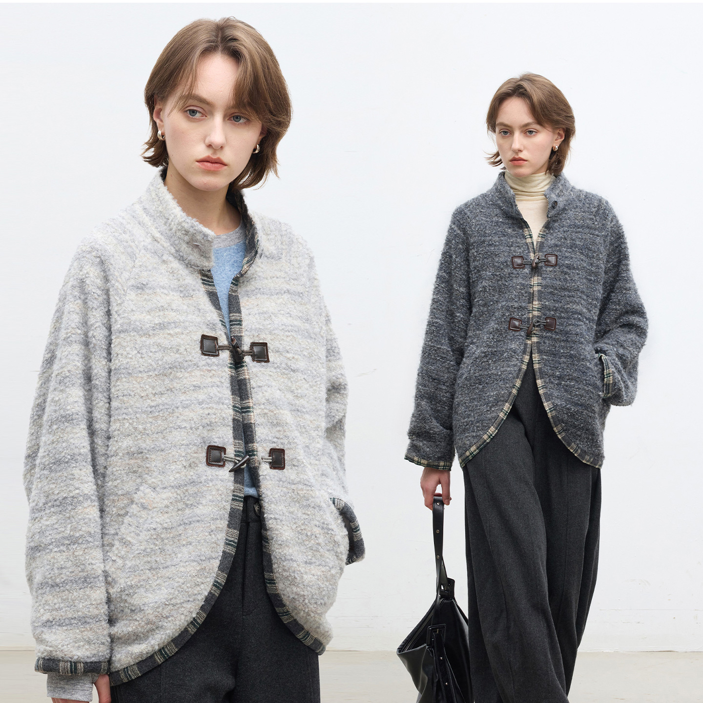 羊绒混纺弧形下摆茧型外套女