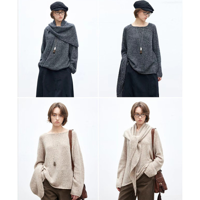 一体式羊绒羊毛针织衫三角巾围巾