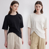 Dotdrobe多着 两色入 T恤女新款 高智感极简不对称 纯棉抽褶短袖