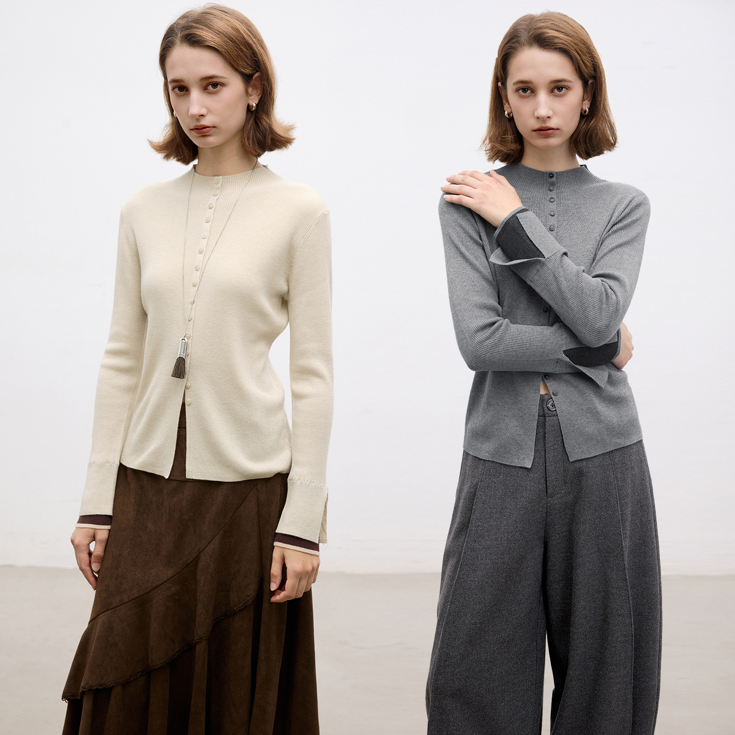 羊毛桑蚕丝混纺排扣假两件毛衣