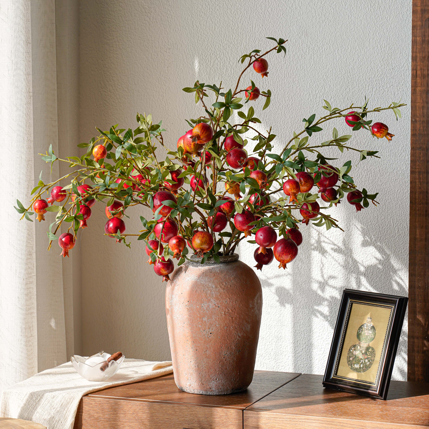 复古仿真花石榴单枝果实高枝假插花束客厅餐桌装饰摆件花艺道具