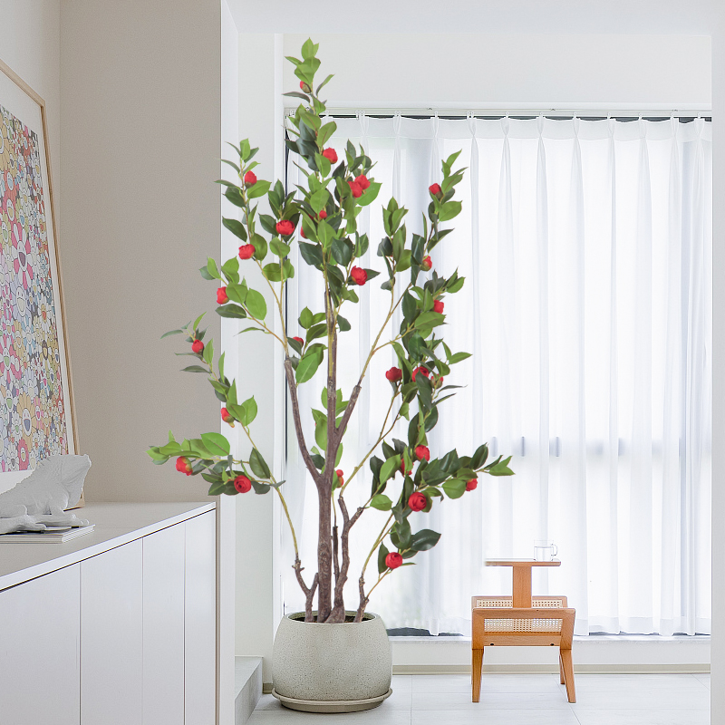 北欧仿真绿植家居客厅红色茶花