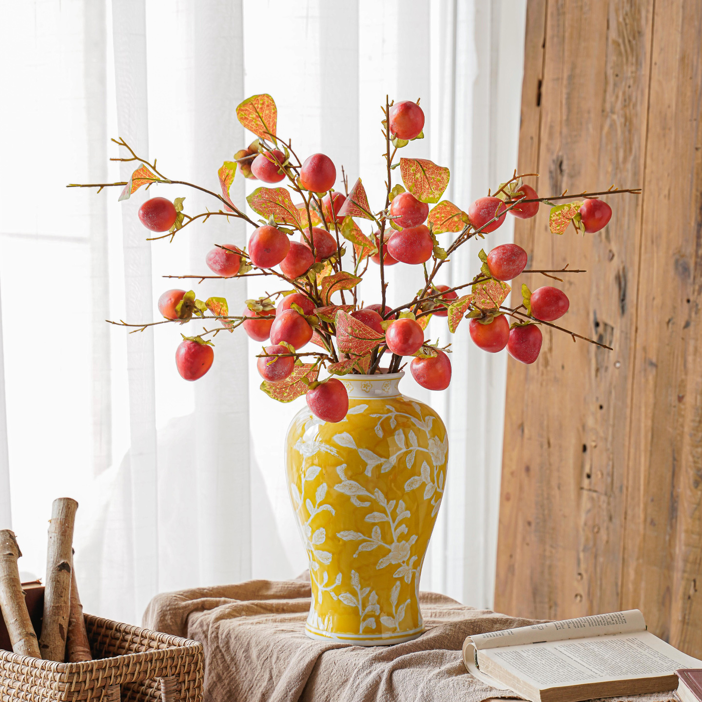 仿真花摆设柿子过年节庆客厅玄关装饰摆件柿柿如意假花水果插花