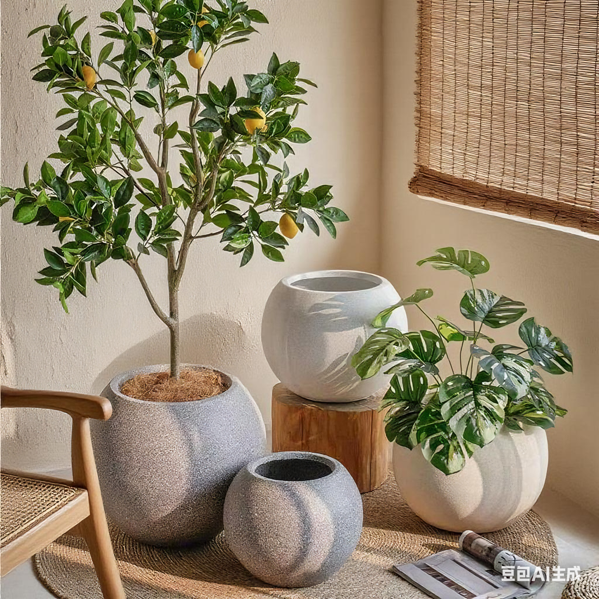 北欧水泥花盆花架黑色轻奢简约绿植盆栽室内客厅阳台户外花器摆件