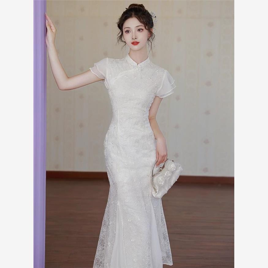 新中式旗袍鱼尾裙子小礼服轻婚纱日常可穿夏季白色连衣裙女高级感