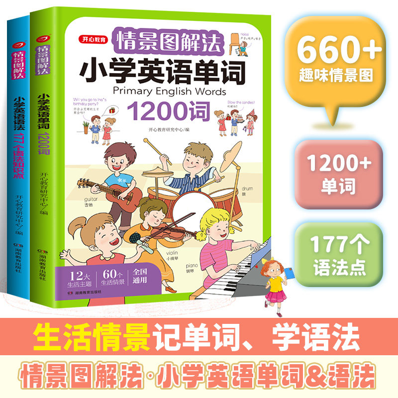 开心教育情景图解法小学英语语法知识大全 小学英语单词1200词一二三四五六年级177个语法知识点专项强化训练词汇句型总表讲解作文