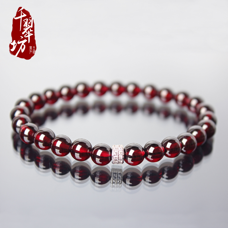 千翠坊正品天然酒红石榴石手链女单圈银碧玺紫水晶纯手串幸运礼物