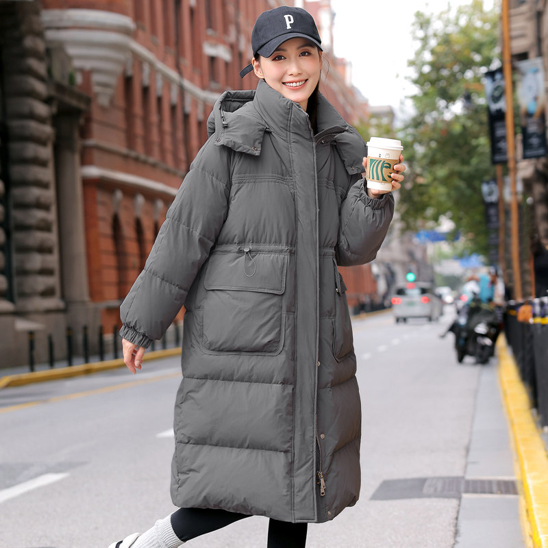 爆款韩版连帽白鸭绒长款羽绒服冬季新款女保暖A版修身棉服外套潮