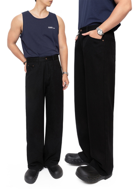 韩版经典复古纯色宽松直筒高腰牛仔裤男女潮流百搭阔腿休闲长裤子