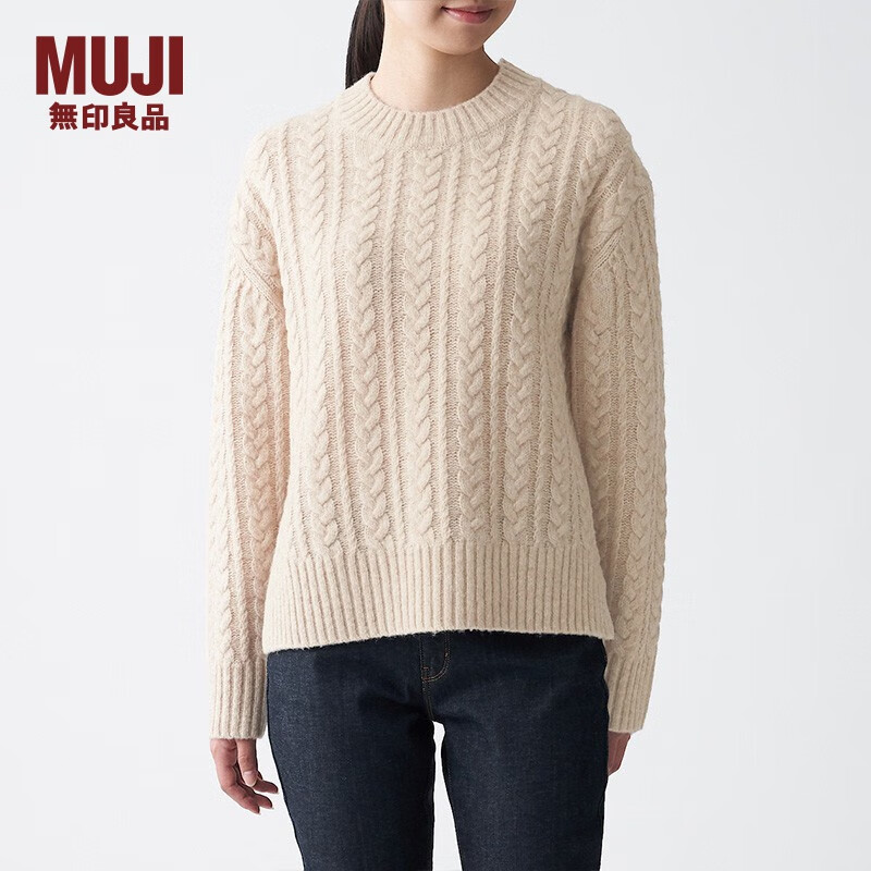 MUJI牦牛绒羊毛圆领麻花缆绳图案