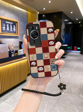 适用华为p60pro手机壳2024皮纹格子q60新款ppro5Opro女款网红p20派防摔ρ30批pto怕4G高级感小众潮牌挂绳男