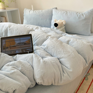 ins奶油风蝴蝶结立体雕花牛奶绒四件套冬季保暖珊瑚绒被套床单笠