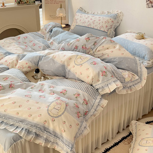 全棉小清新兔子碎花田园风四件套纯棉公主风床裙花边被套床单床笠