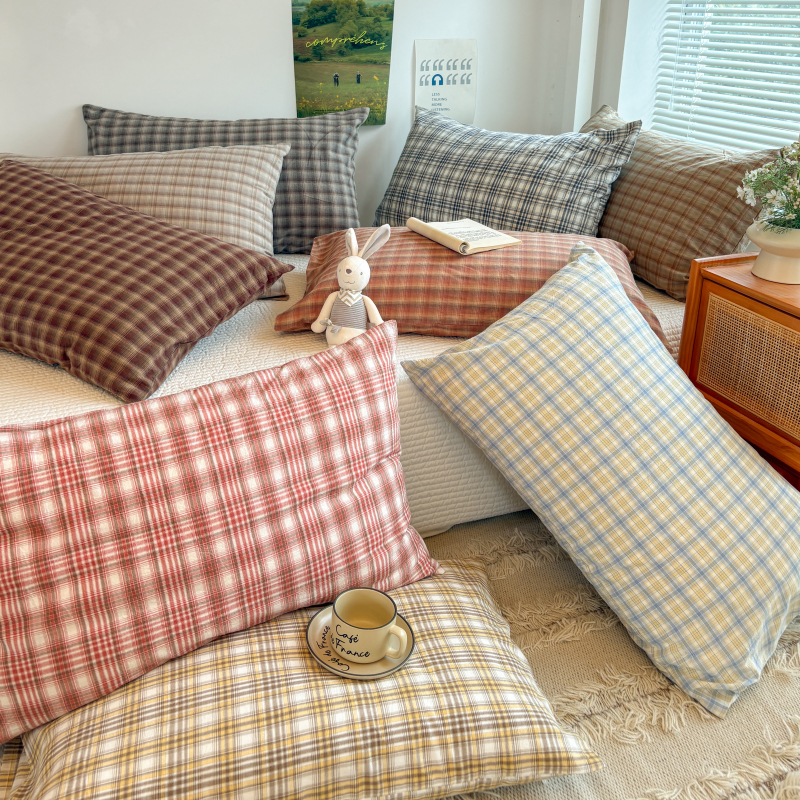 A类全棉ins风复古格子枕头套纯棉枕套单件家用宿舍枕芯套48*74cm