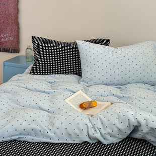 ins少女风撞色波点简约牛奶绒四件套秋冬保暖珊瑚绒被套床单床笠