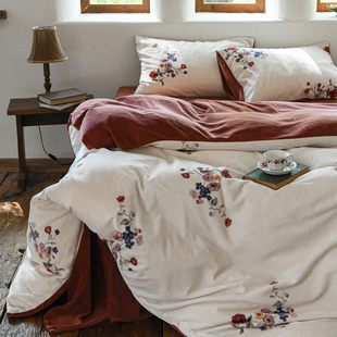 法式复古简约诧寂风牛奶绒四件套冬季加厚保暖毛绒被套珊瑚绒床单