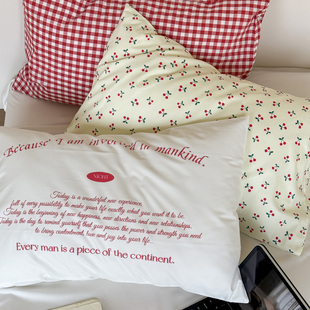 ins风红格子樱桃字母百搭纯棉枕头套单件全棉枕头芯内胆套48*74cm