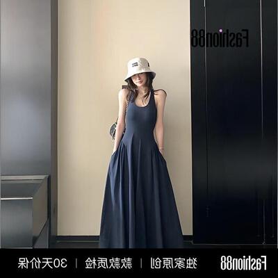 雾屿白茶·御姐风无袖A字连衣裙女修身收腰高级感气质长裙