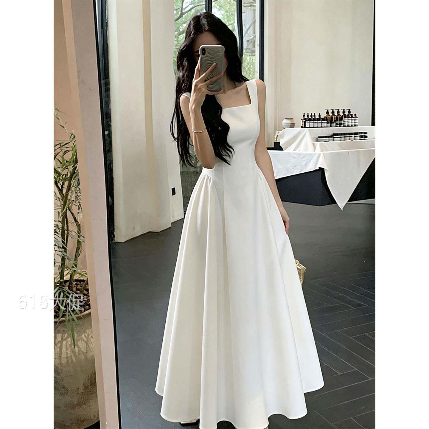 白色吊带连衣裙女夏季修身显瘦收腰a字轻礼服学士服内搭长款裙子