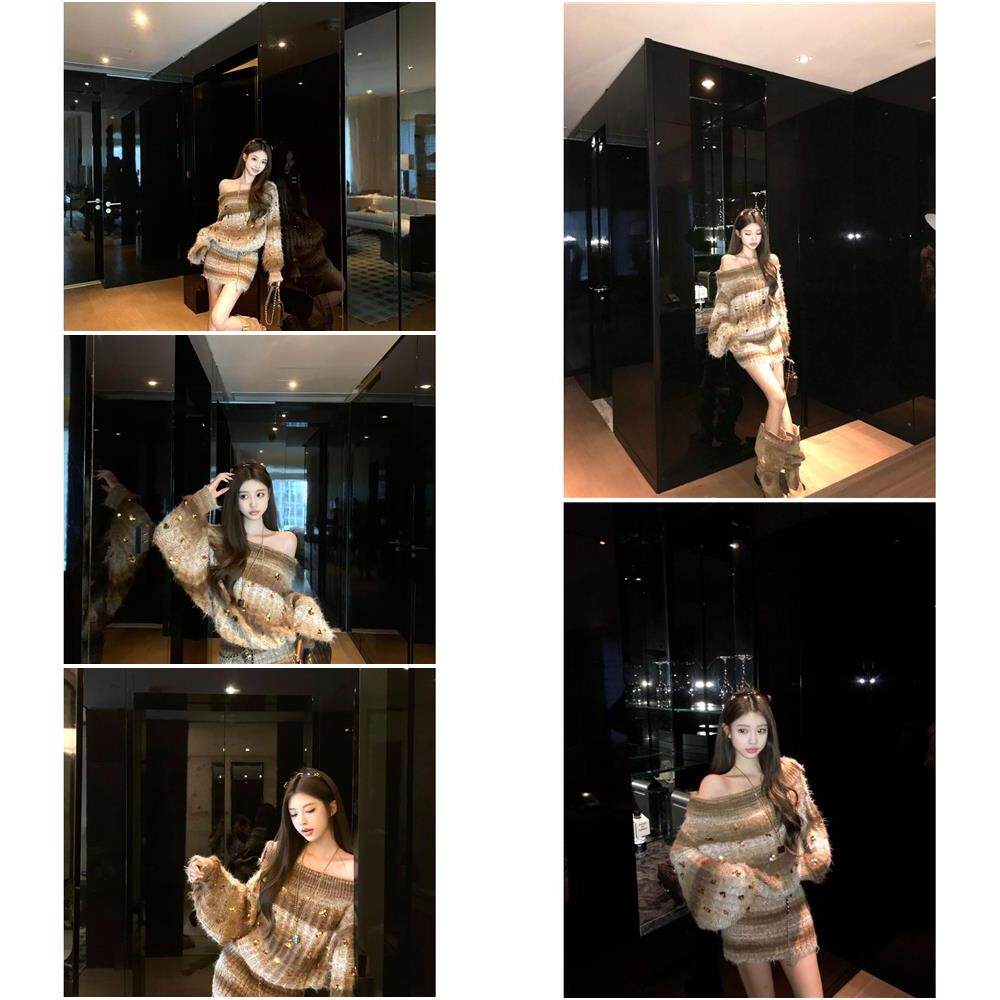 小众炸街高级感亮片斜肩针织连衣裙女2025秋冬新款撞色包臀短裙子