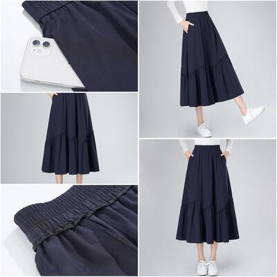 2025新款中长款A字裙 藏蓝色高腰半身裙 大摆口袋显瘦半身裙 韩版
