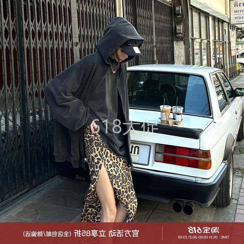 0122stepll 野性DNA 豹纹半身裙女美式辣妹低腰直筒下摆开叉长裙