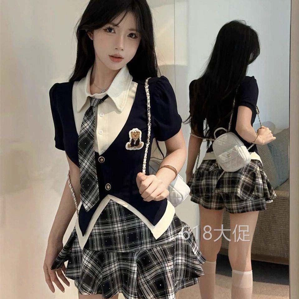 美式覆古学院风jk制服辣妹小熊假两件修身显瘦衬衫格子半身裙套装