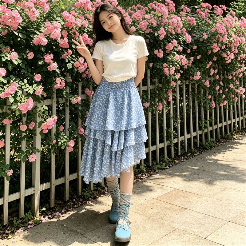 韩系蓝色A字半身裙女碎花不规则百搭显瘦中长裙2026年潮流原宿风