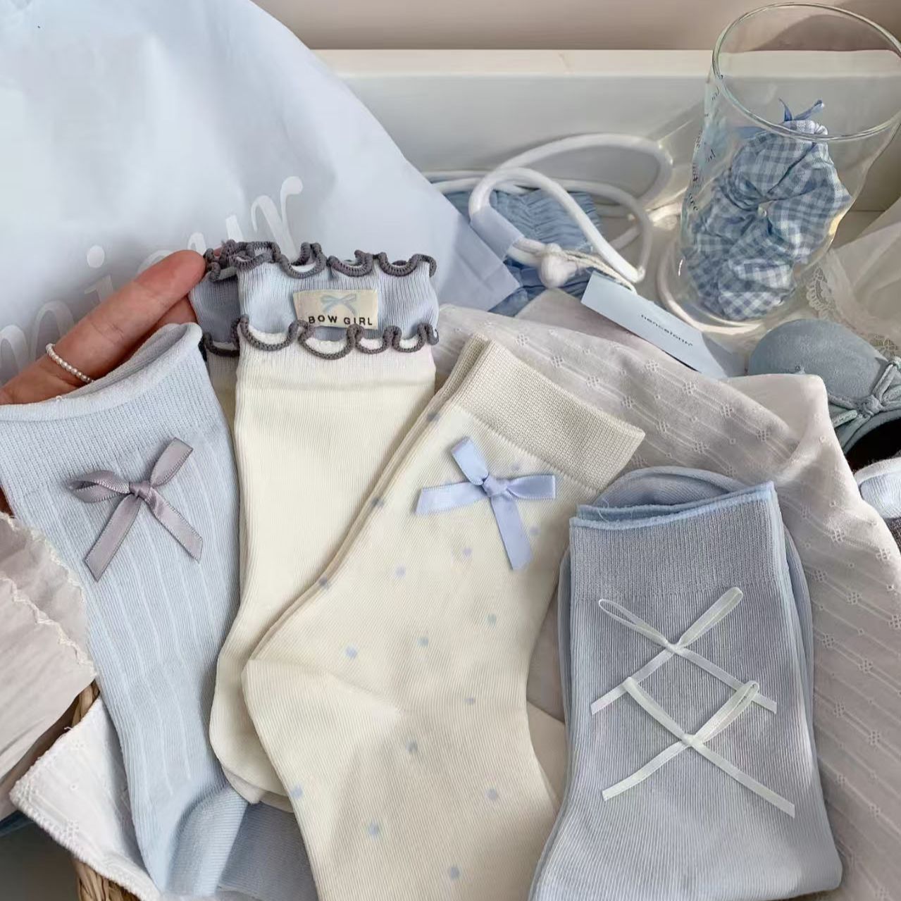 夏季女袜木耳边蝴蝶结中筒袜ins蝴蝶结堆堆袜可爱复古中筒百搭袜