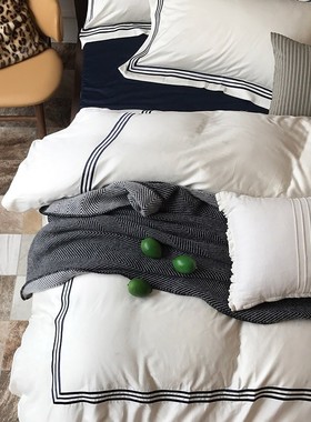 80支美式刺绣白色床上四件套1.5/1.8m床纯棉简约全棉纯色床上用品