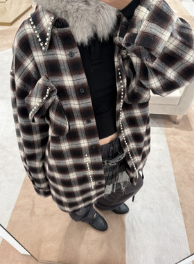 open yy25新格纹珍珠韩式口袋衬衫女早秋氛围感上衣宽松显瘦外套