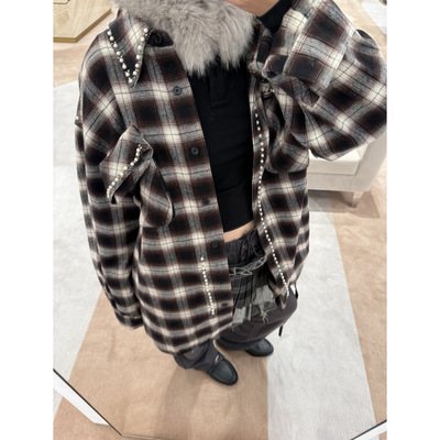 客订珍珠格纹口袋衬衫外套