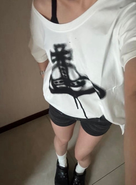 西太后土星印花宽松U领短袖小众潮牌印花上衣女圆领纯棉t恤pp同款