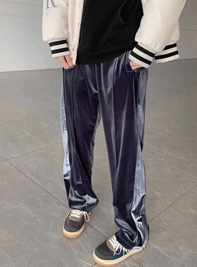 过验GL丝绒裤FOG高街美式宽松阔腿休闲侧边拼接条纹长裤男女情侣