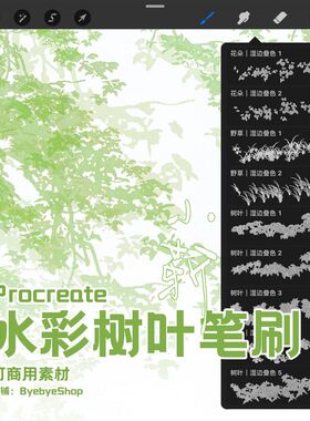 【半透明水彩】Procreate植物树叶笔刷2.0 可商用素材 Byebyeshop