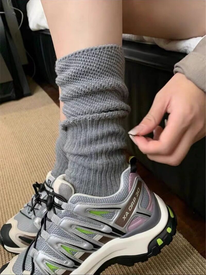纯色推推长袜百搭中筒袜